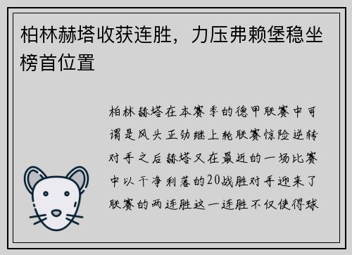 柏林赫塔收获连胜，力压弗赖堡稳坐榜首位置