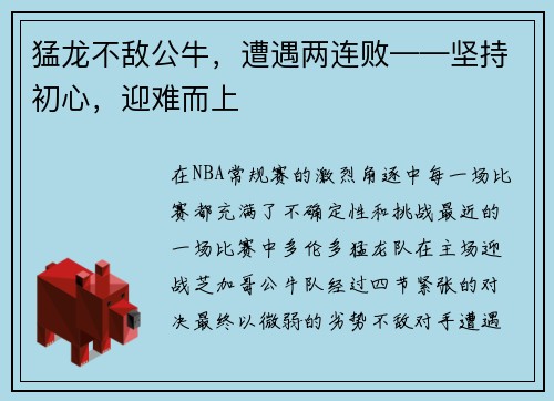 猛龙不敌公牛，遭遇两连败——坚持初心，迎难而上